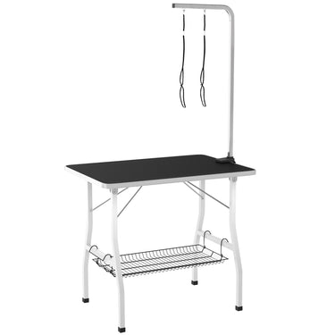 PawHut Dog Grooming Table w/ Adjustable Arm, Mesh Tray,  Two Nooses, Rubber Surface, 35" x 24" x 61", Black