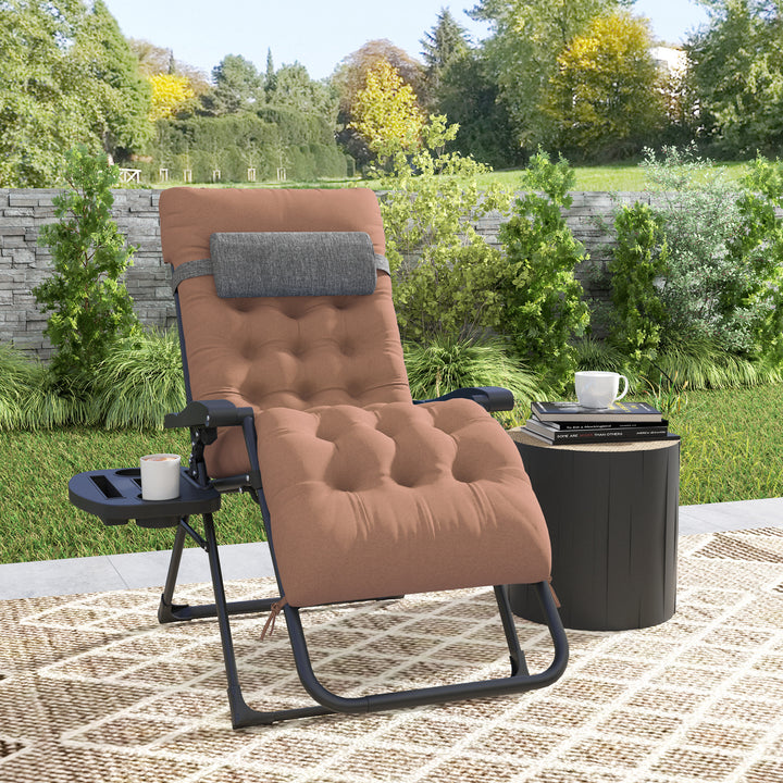 Outsunny Padded Folding Recliner Chair, Patio Lounger with Cupholder, Adjustable Backrest, Removable Cushion, Khaki