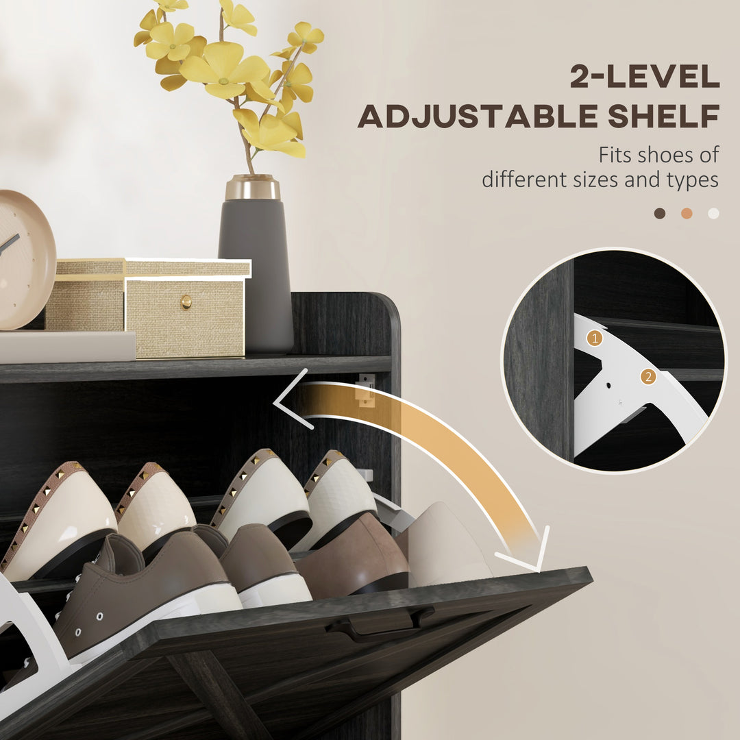 HOMCOM Slim Shoe Storage Cabinet, Farmhouse Shoe Cabinet with 2 Flip Drawers, Adjustable Shelves for 8 Pairs, Distressed Grey