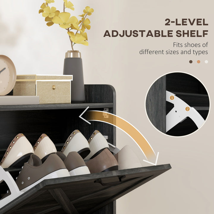 HOMCOM Slim Shoe Storage Cabinet, Farmhouse Shoe Cabinet with 2 Flip Drawers, Adjustable Shelves for 8 Pairs, Distressed Grey