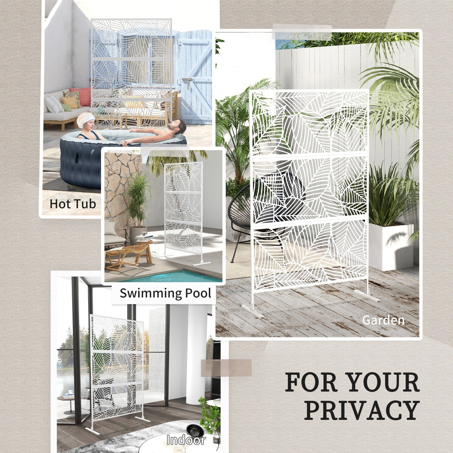 Outsunny 6.5FT Decorative Outdoor Divider, Metal Privacy Screen with Stand, Large Leaf Style, White
