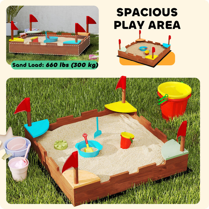 Qaba Kids Wooden Sandbox with Flags, 4 Colorful Built-in Corner Seating, Ground Liner, Gift for Ages 3-7, Wooden Brown