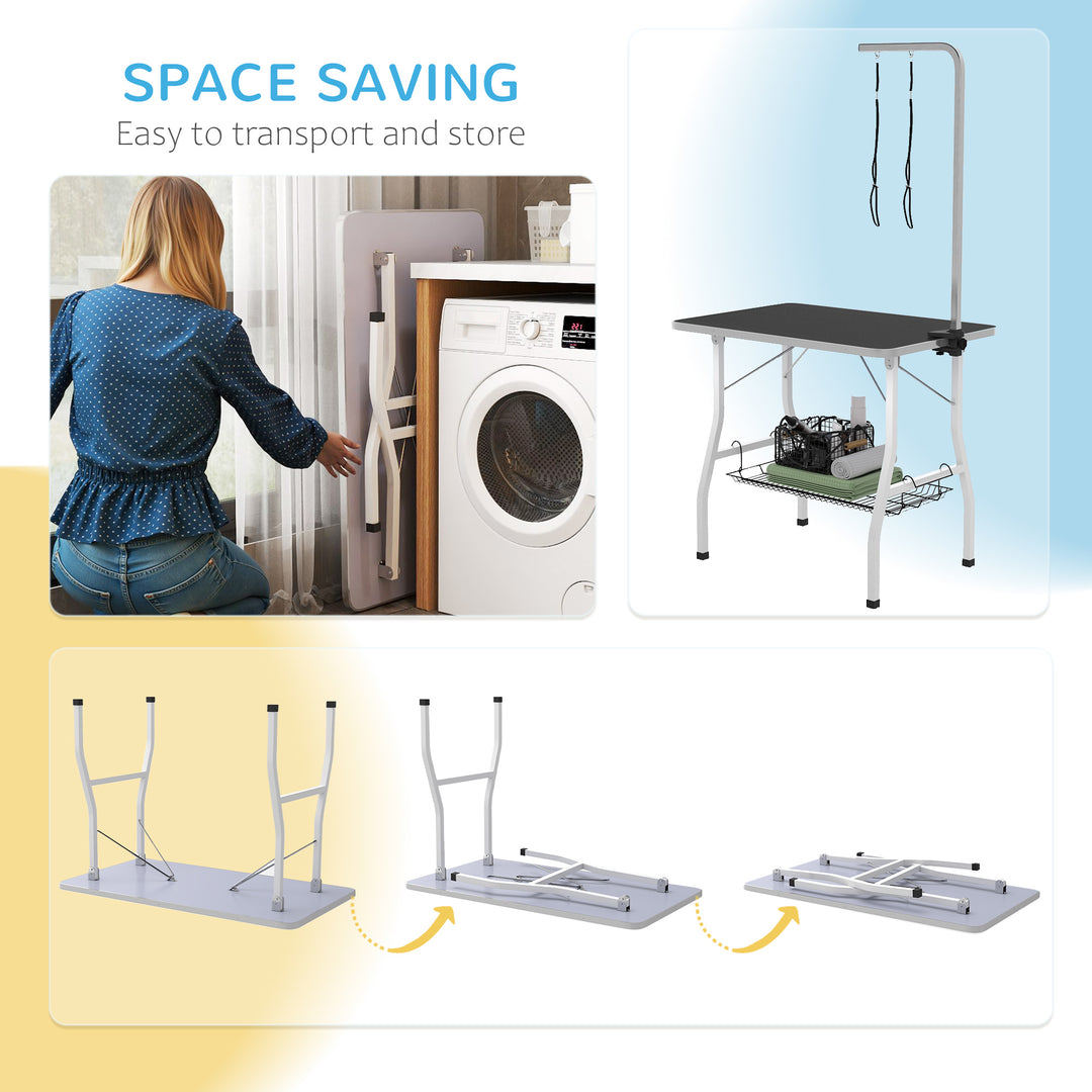 PawHut Dog Grooming Table w/ Adjustable Arm, Mesh Tray,  Two Nooses, Rubber Surface, 35" x 24" x 61", Black