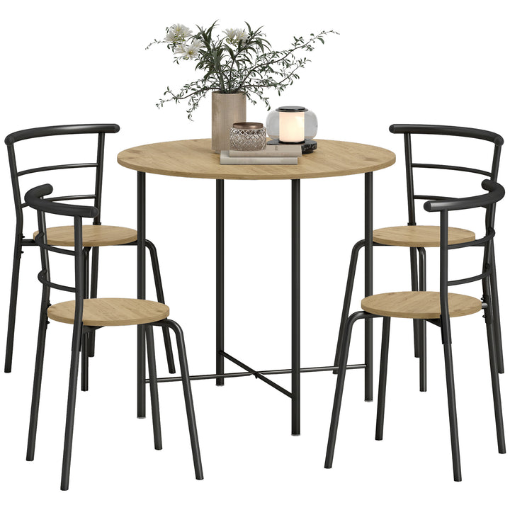 HOMCOM 5 Piece Dining Table Set, Space Saving Round Dining Set for 4 with Metal Frame for Small Spaces, Black Wood Grain