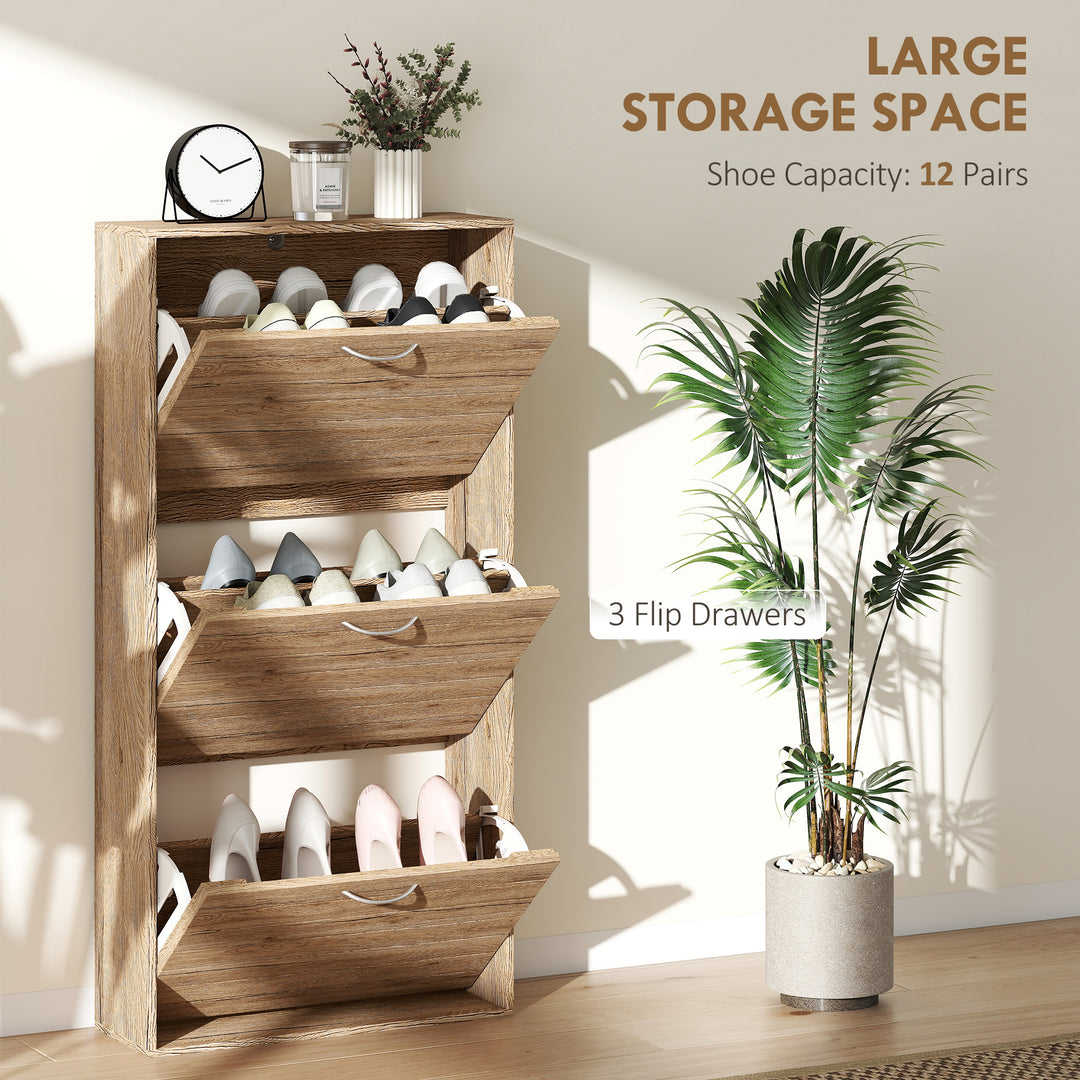 HOMCOM Shoe Storage Cabinet with 3 Flip Drawers, Narrow and Slim, 12 Pair of Shoes Organizer for Hallway, Entryway