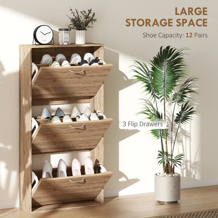 HOMCOM Shoe Storage Cabinet with 3 Flip Drawers, Narrow and Slim, 12 Pair of Shoes Organizer for Hallway, Entryway