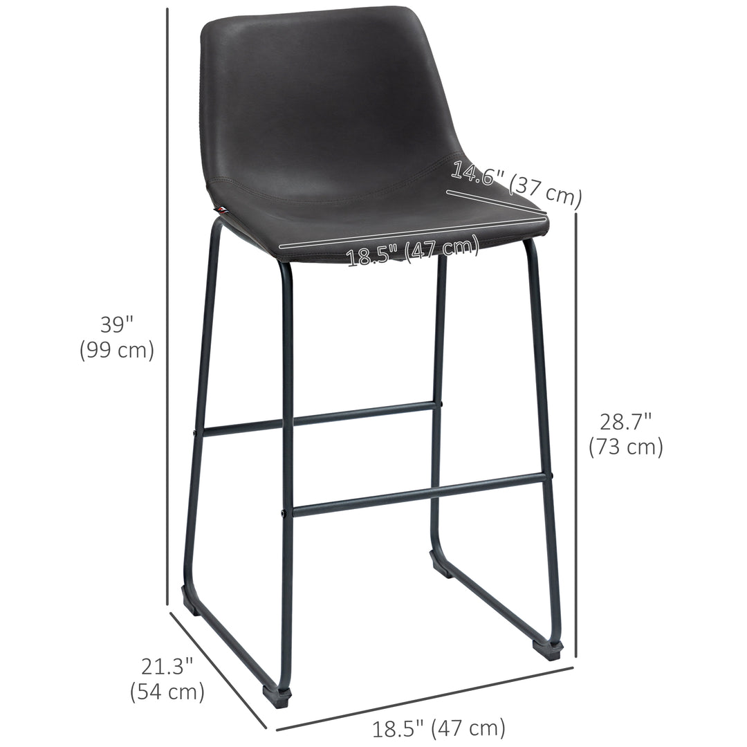 HOMCOM Bar Height Bar Stools Set of 2, Vintage PU Leather Bar Chairs, Kitchen Stools with Footrest for Home Bar, Dark Brown