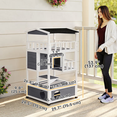 PawHut 4-Floor Wood Outdoor Cat House Catio for Cats with Condo, Fun Entrances, Perch, Grey