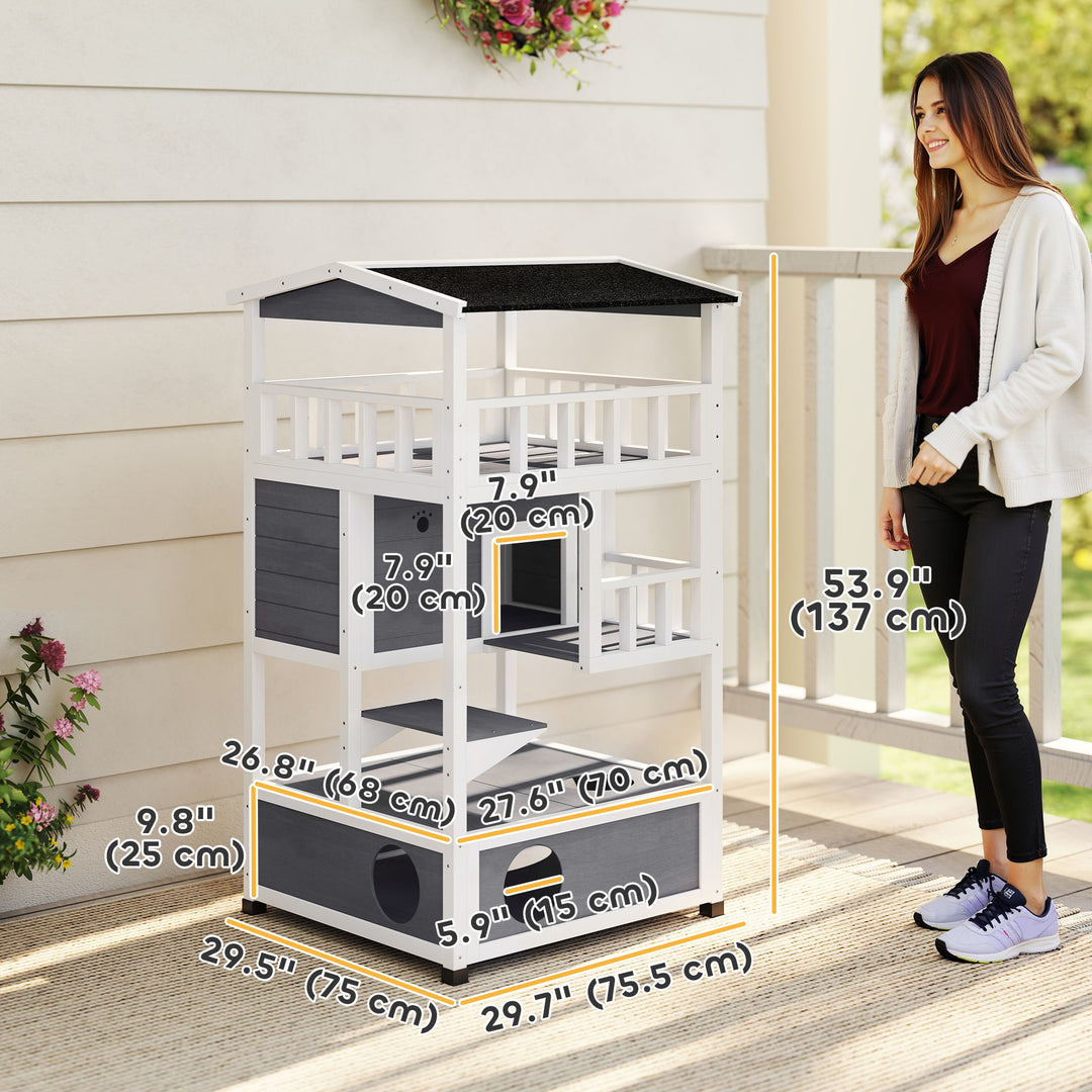 PawHut 4-Floor Wood Outdoor Cat House Catio for Cats with Condo, Fun Entrances, Perch, Grey