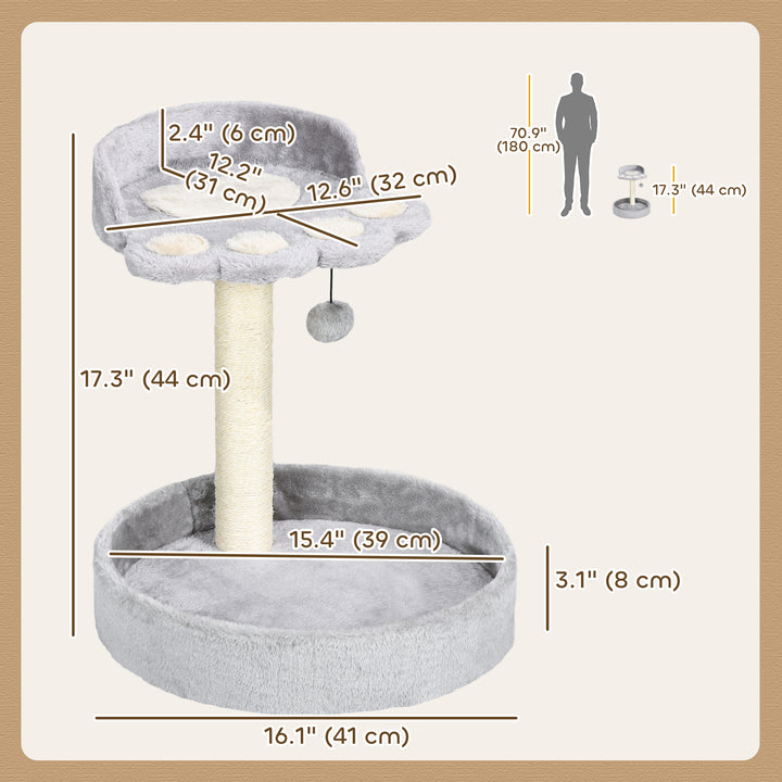 PawHut 17" Small Cat Tree, Cat Tower with Sisal Scratching Post, Dangling Ball, Bed, Kitten Activity Centre, Light Grey
