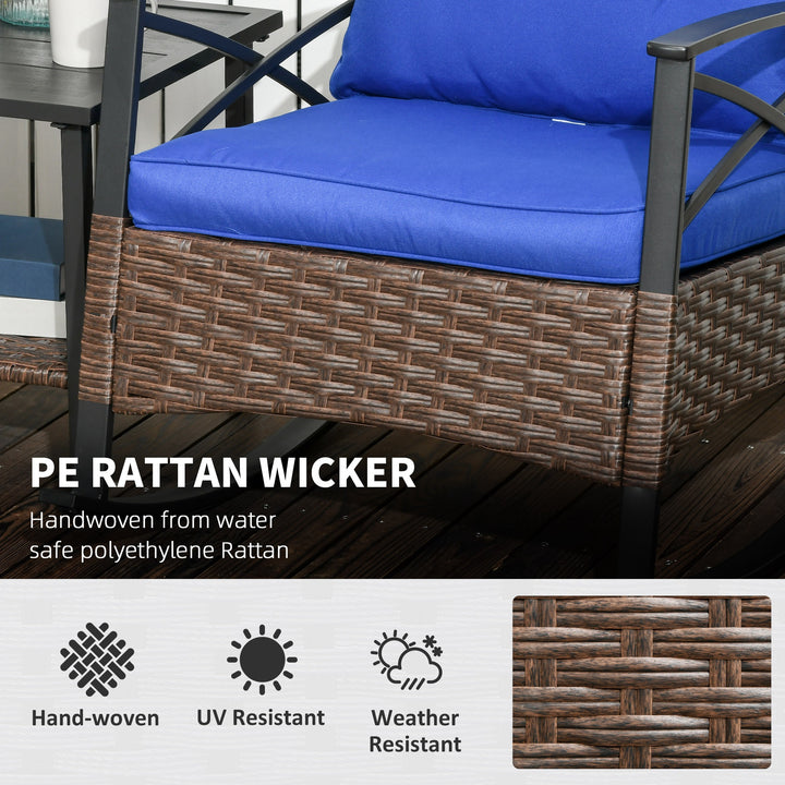 Outsunny 3 Pcs Outdoor PE Rattan Rocking Chair Set, Bistro Set with Two-tier Table, Padded Cushions for Garden, Dark Blue