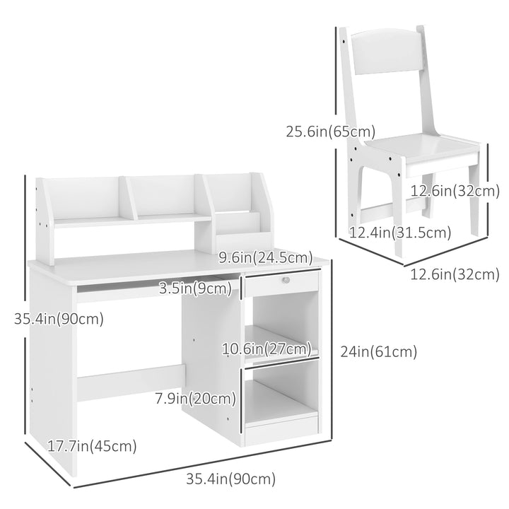 Qaba Kids Desk and Chair Set for 5-8 Year Old with Storage, Study Table and Chair for Children, White