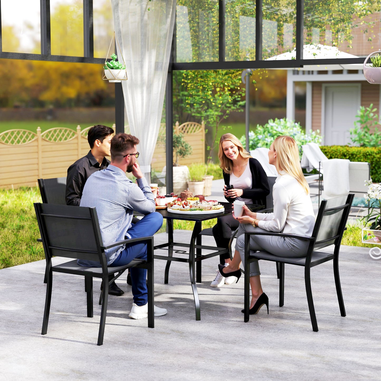 Outsunny Outdoor Dining Table for Four, Patio Table with Parasol Hole, Square Garden Table with Slatted Metal Plate Top, for Backyard, Poolside, Black
