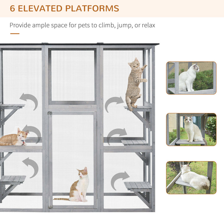 PawHut Large Outdoor Catio Enclosure, Weatherproof Cat House with Asphalt Roof,  Wooden Cat Patio Cage with 6 Balanced Platforms, 71" x 39" x 71", Grey
