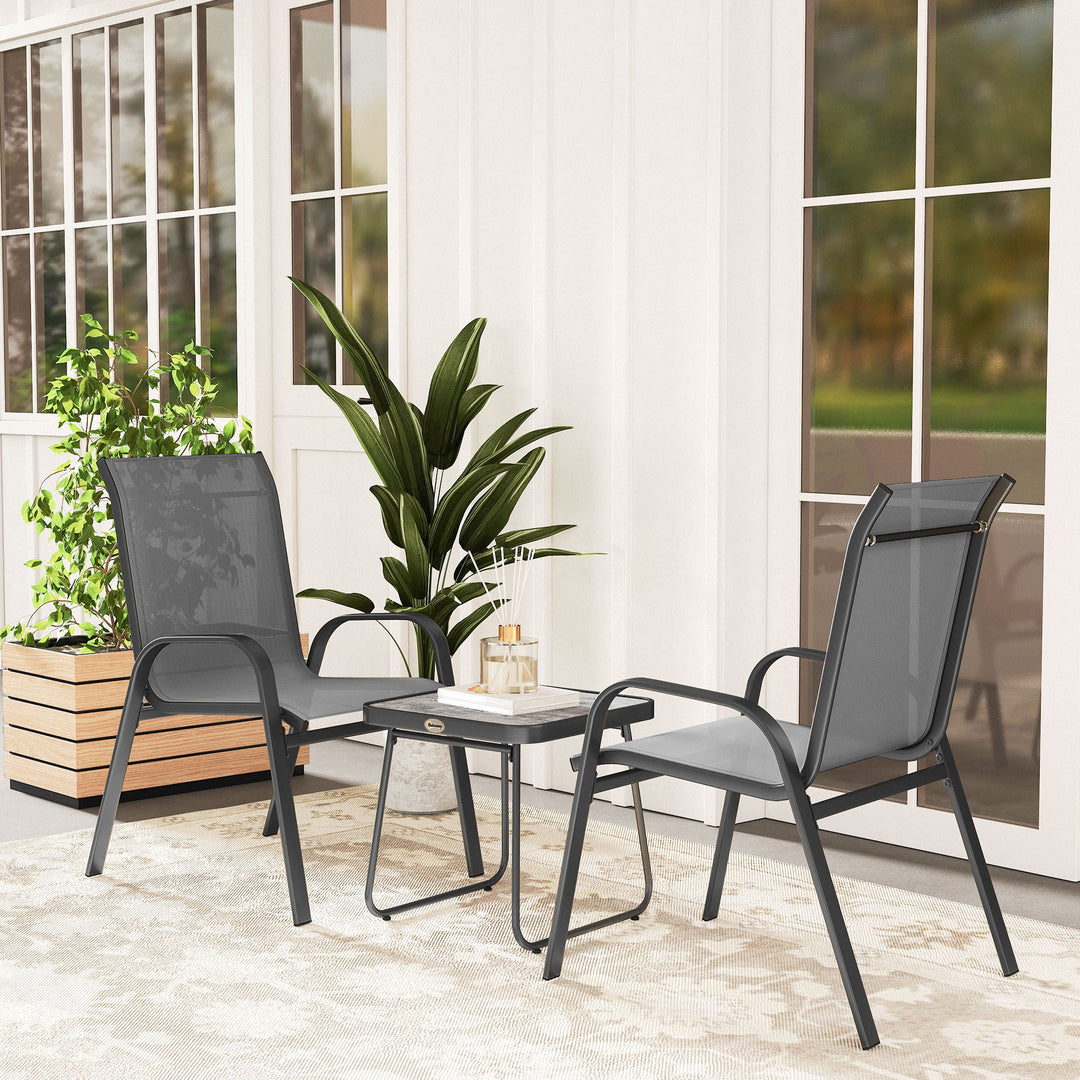 Outsunny Outdoor Bistro Set of 3, 3-Piece Patio Set with Breathable Mesh Fabric, Stackable Chairs and Square Table, Light Grey