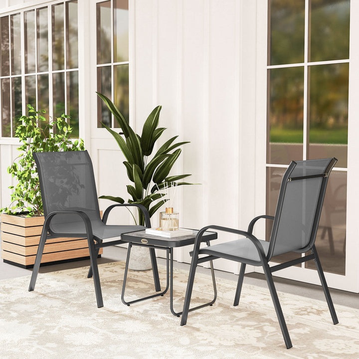 Outsunny Outdoor Bistro Set of 3, 3-Piece Patio Set with Breathable Mesh Fabric, Stackable Chairs and Square Table, Light Grey