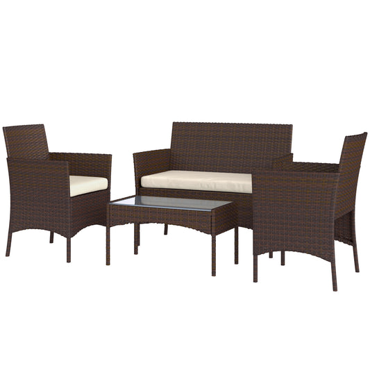 Outsunny 4 Pieces Wicker Outdoor Balcony Furniture Set Rattan Patio Furniture Set with Loveseat Chairs Glass Coffee Table Beige