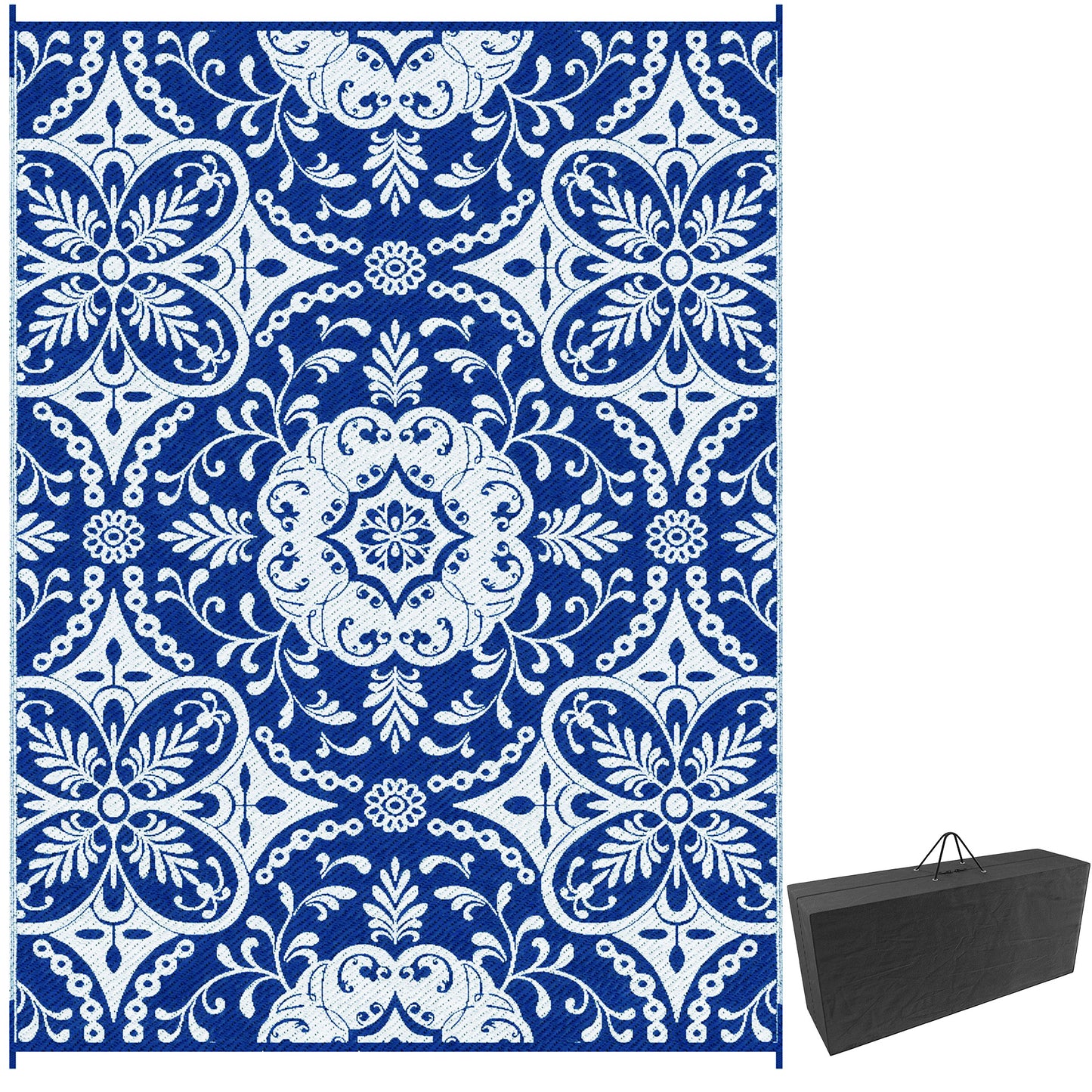 Outsunny Portable Outdoor Rug with Carry Bag, 9' x 12' Reversible Mat, Waterproof Plastic Straw RV Rug for Backyard, Deck, Picnic, Beach, Camping, Blue & White Flower