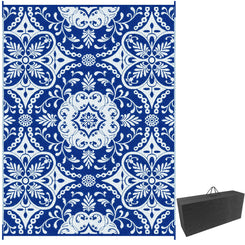 Outsunny Portable Outdoor Rug with Carry Bag, 9' x 12' Reversible Mat, Waterproof Plastic Straw RV Rug for Backyard, Deck, Picnic, Beach, Camping, Blue & White Flower