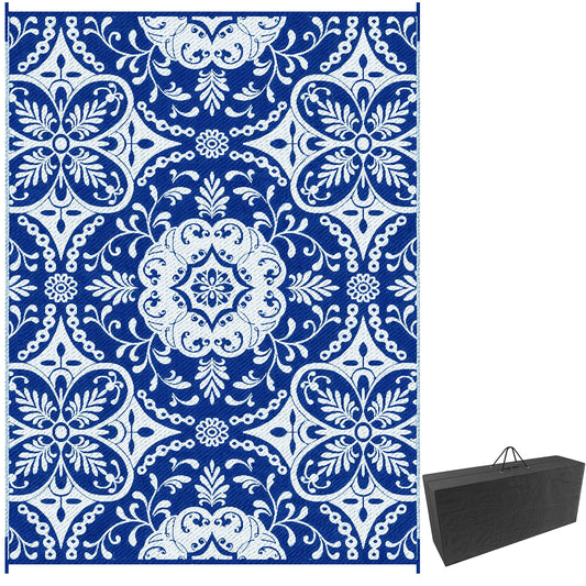 Outsunny Portable Outdoor Rug with Carry Bag, 9' x 12' Reversible Mat, Waterproof Plastic Straw RV Rug for Backyard, Deck, Picnic, Beach, Camping, Blue & White Flower