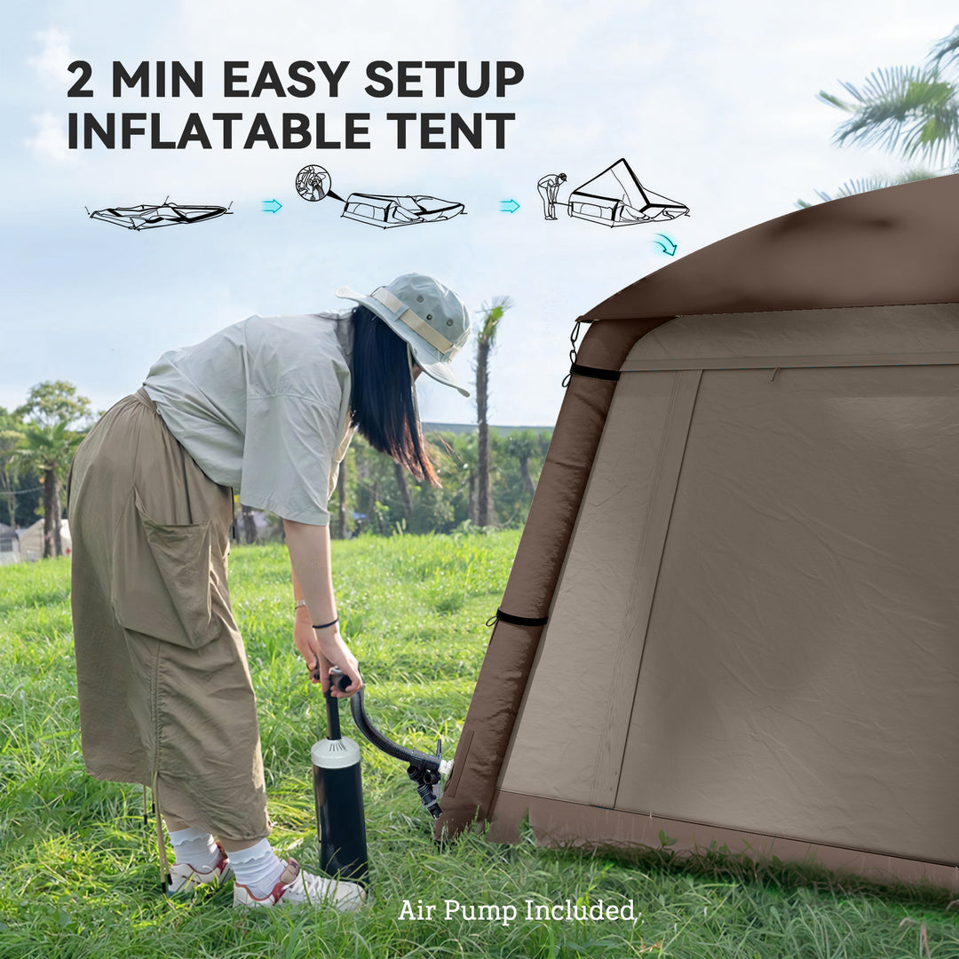 Outsunny Inflatable Camping Tent, 1-2 Person Glamping Tent with Hand Pump, Blow Up Tent with Doors, Carry Bag, Khaki and Brown