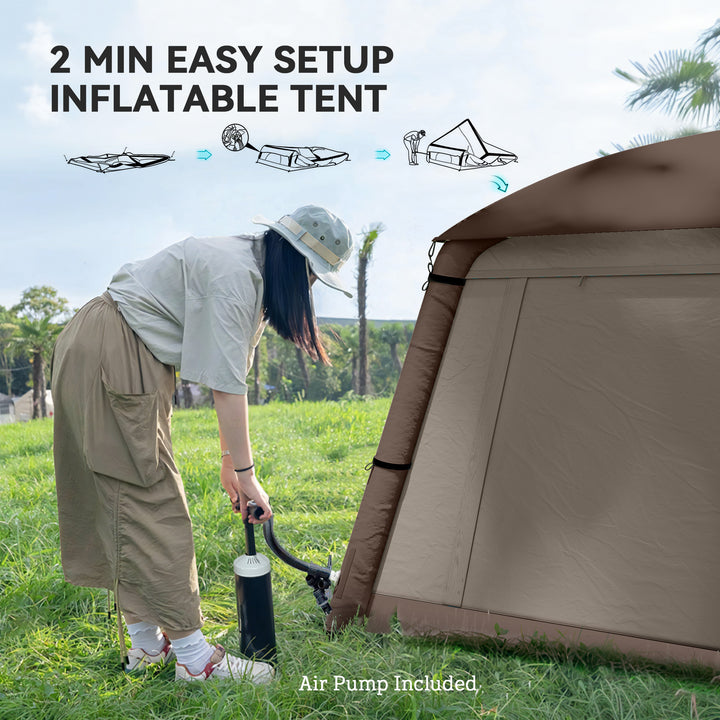 Outsunny Inflatable Camping Tent, 1-2 Person Glamping Tent with Hand Pump, Blow Up Tent with Doors, Carry Bag, Khaki and Brown