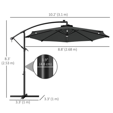 Outsunny 8.8FT Cantilever Patio Umbrella with Solar Powered LED Lights, Crank Handle, Cross Base for Outdoor Sun Shade, Grey