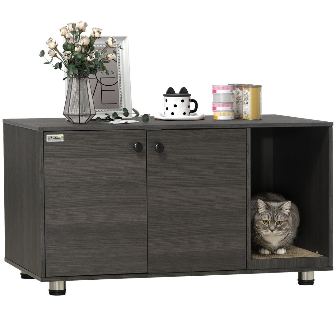 PawHut Litter Box Furniture Hidden Cat Washroom Furniture with Double Doors and Scratching Pad, Black