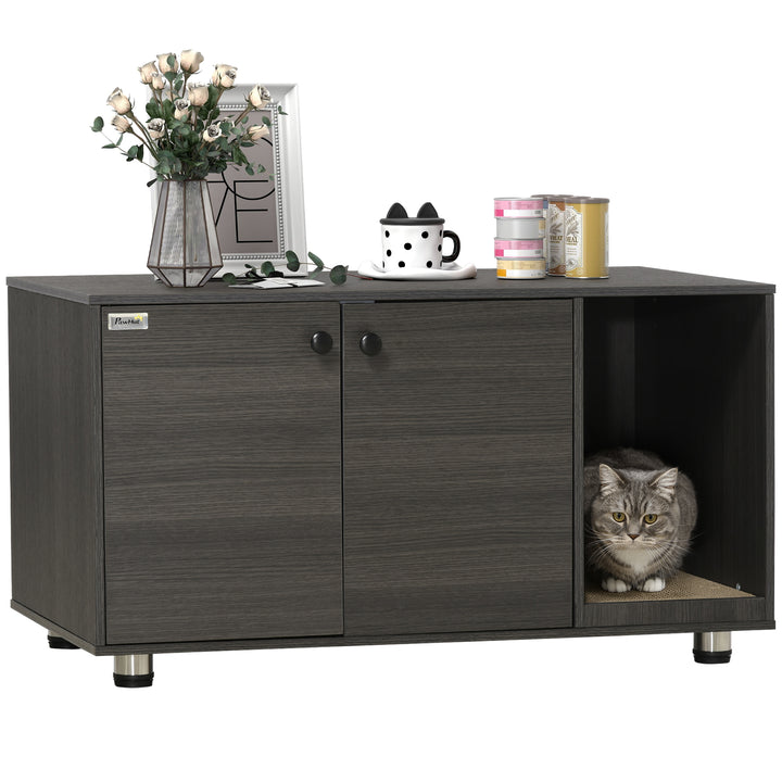 PawHut Litter Box Furniture Hidden Cat Washroom Furniture with Double Doors and Scratching Pad, Black