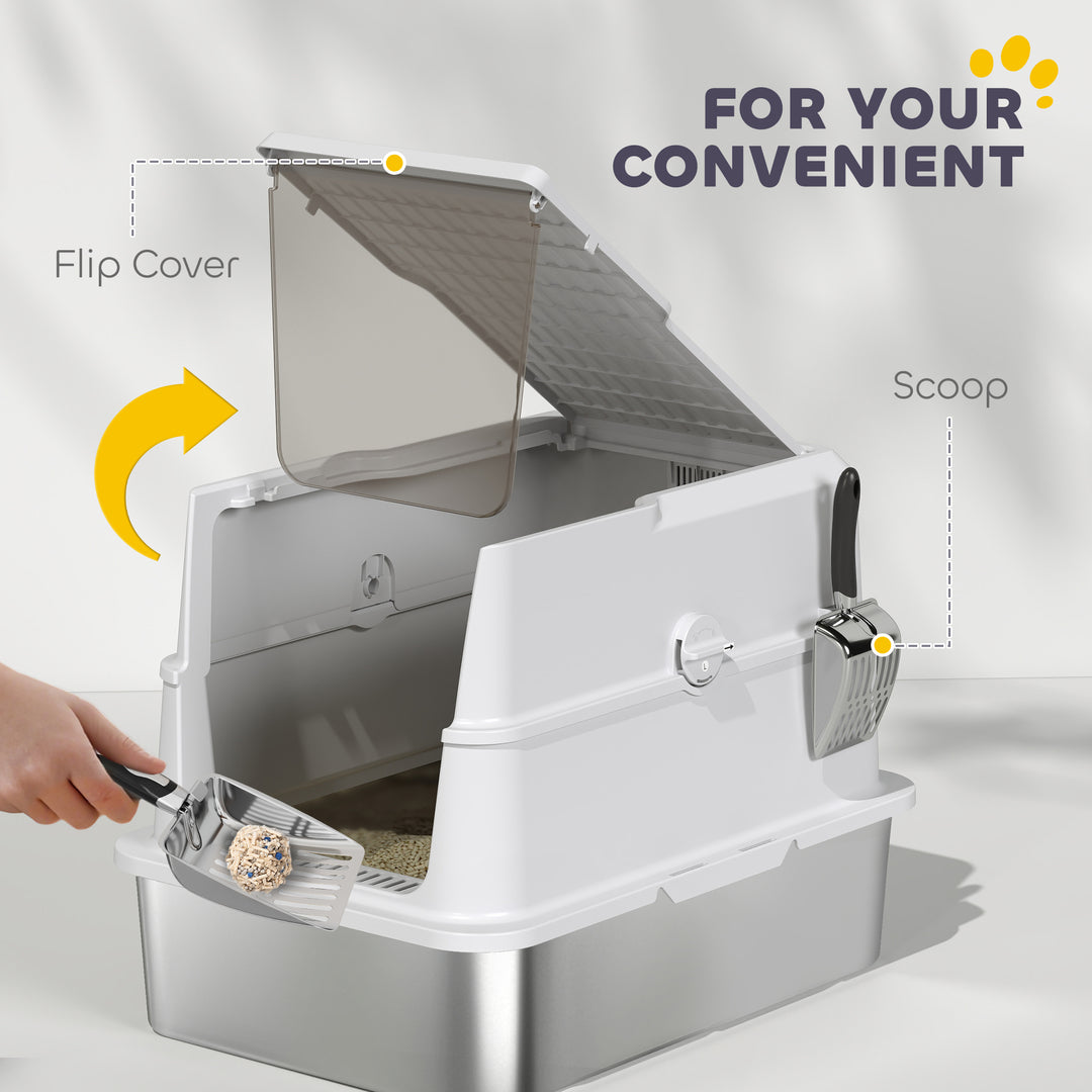 PawHut XL Stainless Steel Cat Litter Box for Big Cats with Flip Top, Scoop, Easy Clean & No Odors, Non-Sticky