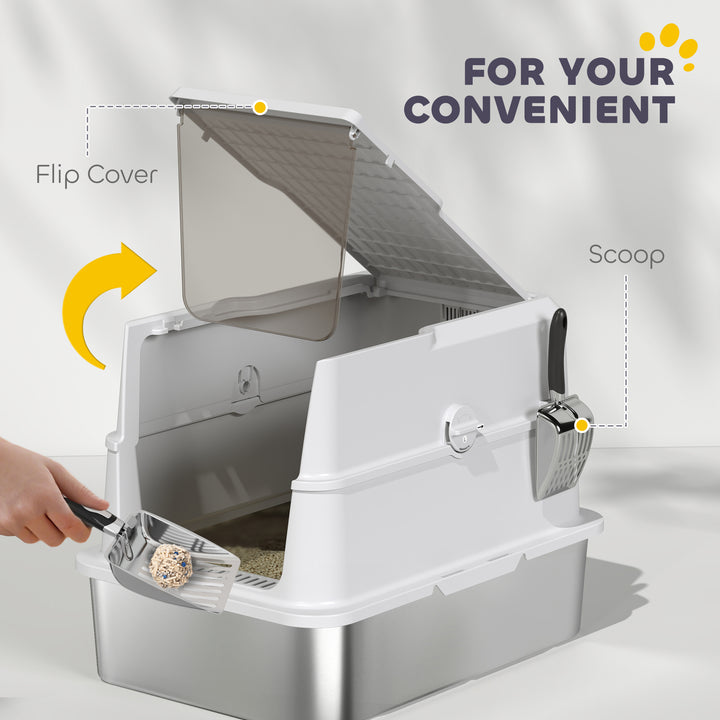 PawHut XL Stainless Steel Cat Litter Box for Big Cats with Flip Top, Scoop, Easy Clean & No Odors, Non-Sticky