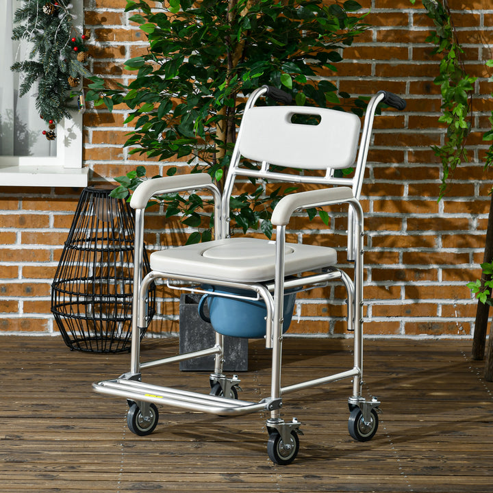 HOMCOM 3-in-1 Shower Commode Wheelchair, Transport Beside Commode Chair with Padded Seat for the Elderly, Disabled