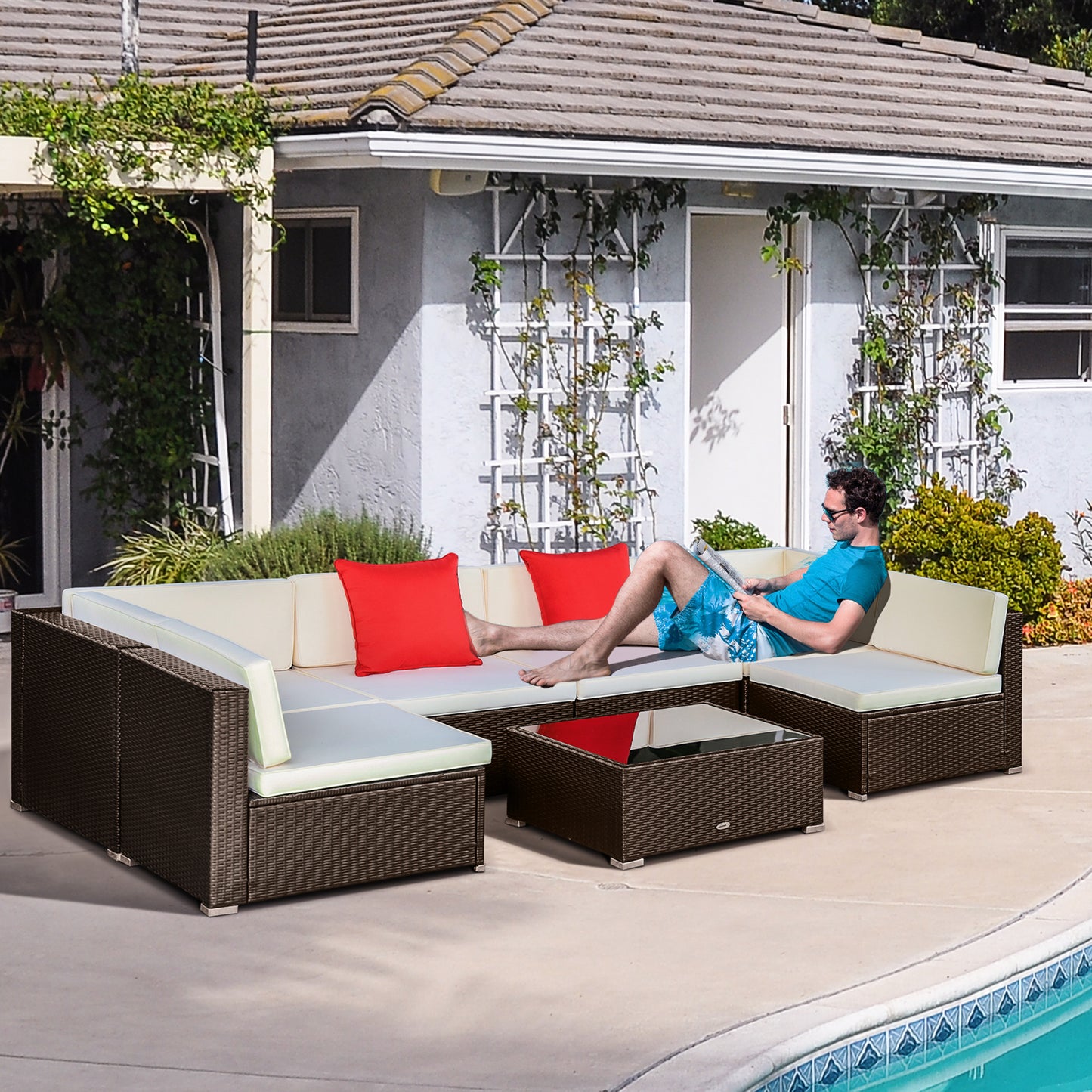 Outsunny 7pcs Garden Wicker Sectional Set w/ Tea Table Patio Rattan Lounge Sofa with Cushion for Outdoor Deck Orange