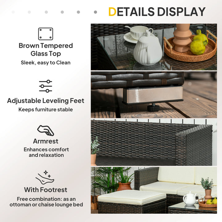 Outsunny 3 Pieces Patio Furniture Set with Cushions, Outdoor PE Rattan Wicker Conversation Corner Sofa Set with Glass Top Table and Adjustable Foot for Garden, Lawn, Cream White