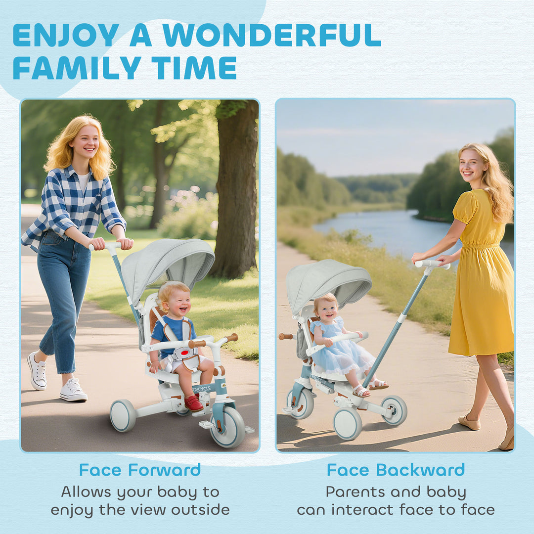 Qaba 7 in 1 Toddler Tricycle with Safety Harness, Adjustable & Removable Parent Handle, Canopy, Storage Bag, Brake, Pink