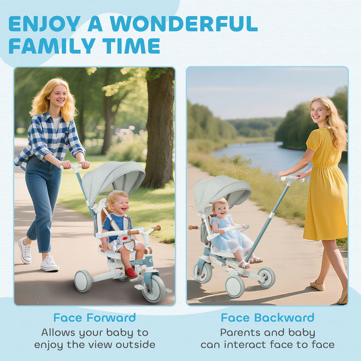 Qaba 7 in 1 Toddler Tricycle with Safety Harness, Adjustable & Removable Parent Handle, Canopy, Storage Bag, Brake, Pink