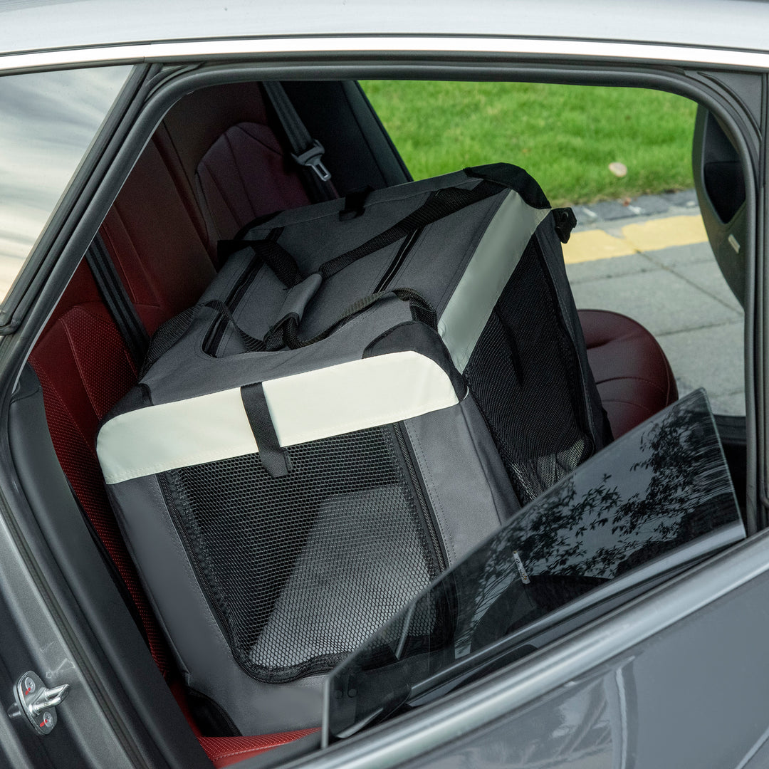 PawHut 24" Foldable Pet Carrier with Removable Mat, Breathable Mesh, Soft Side Pet Travel Crate for Cat & Miniature Dogs, Grey