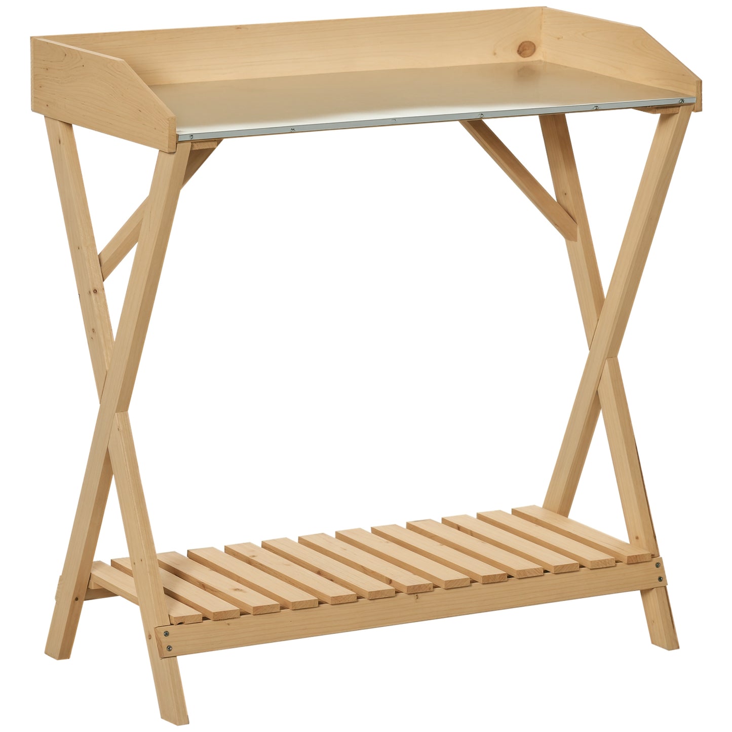 Outsunny Garden Potting Bench Table, Wooden Work Station, Outdoor Planting Workbench w/ Galvanized Metal Tabletop and Storage Shelf