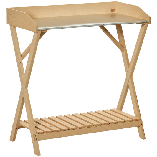 Outsunny Garden Potting Bench Table, Wooden Work Station, Outdoor Planting Workbench w/ Galvanized Metal Tabletop and Storage Shelf