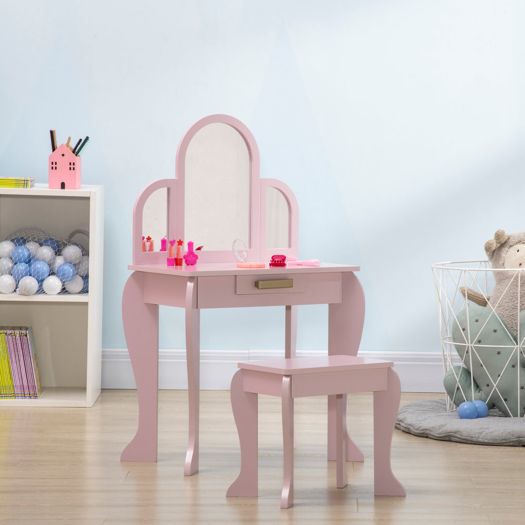 Qaba Kids Dressing Table and Chair Set, Girls Dressing Set, Makeup Desk with Drawer for 3-6 Years Old Kids, Pink