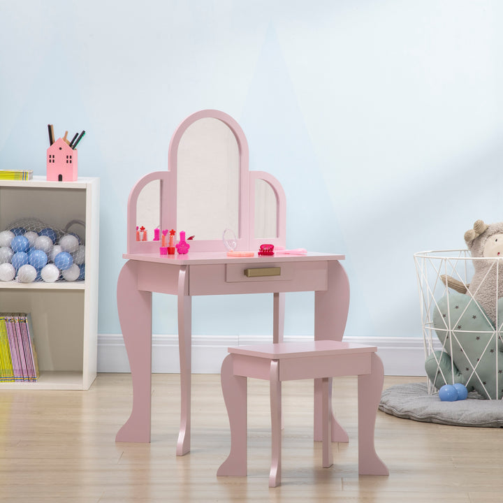 Qaba Kids Dressing Table and Chair Set, Girls Dressing Set, Makeup Desk with Drawer for 3-6 Years Old Kids, Pink