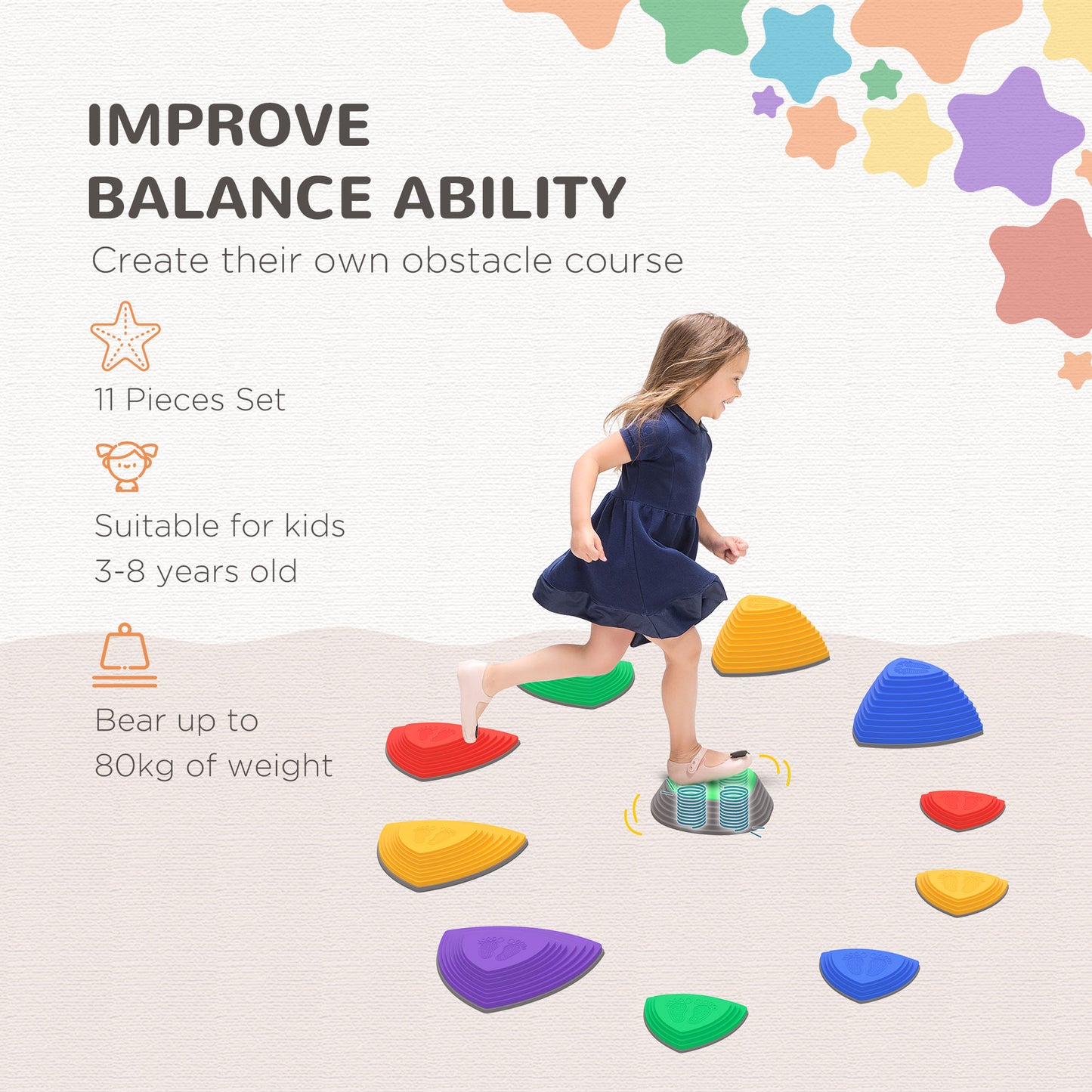 Outsunny 11PCs Larger Size Balance Stepping Stones for Kids with Non-slip Bottom, Stackable Obstacle Course Outdoor Indoor, Play River Rocks with Starfish Style