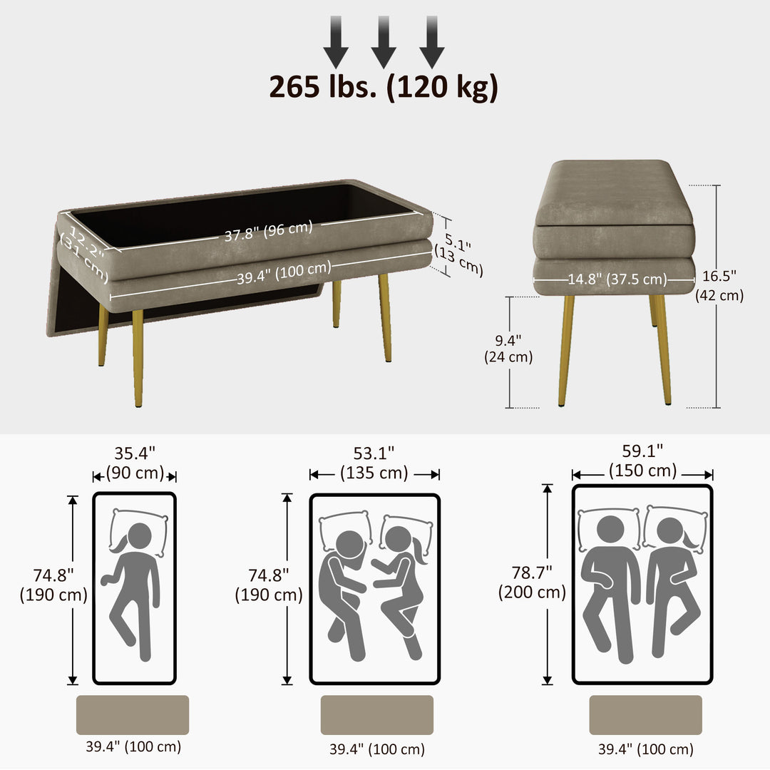 HOMCOM 39" Storage Ottoman, Velvet End of Bed Bench with Steel Legs, Foot Stool with Storage for Bedroom, Living Room, Pink