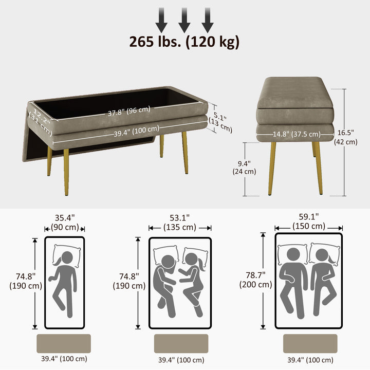 HOMCOM 39" Storage Ottoman, Velvet End of Bed Bench with Steel Legs, Foot Stool with Storage for Bedroom, Living Room, Pink