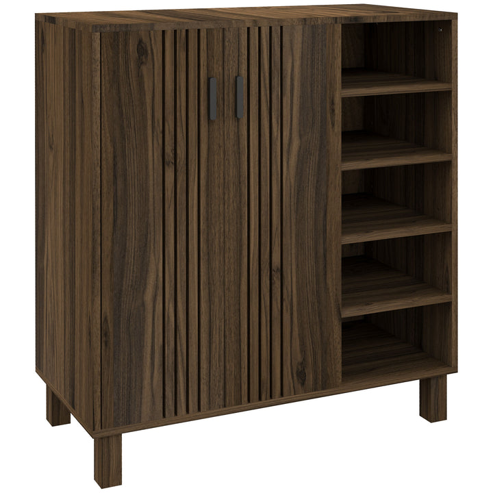 HOMCOM Shoe Storage with Double Doors and Open Shelves 17 Pair Shoe Storage Organizer for Entryway Hallway Walnut