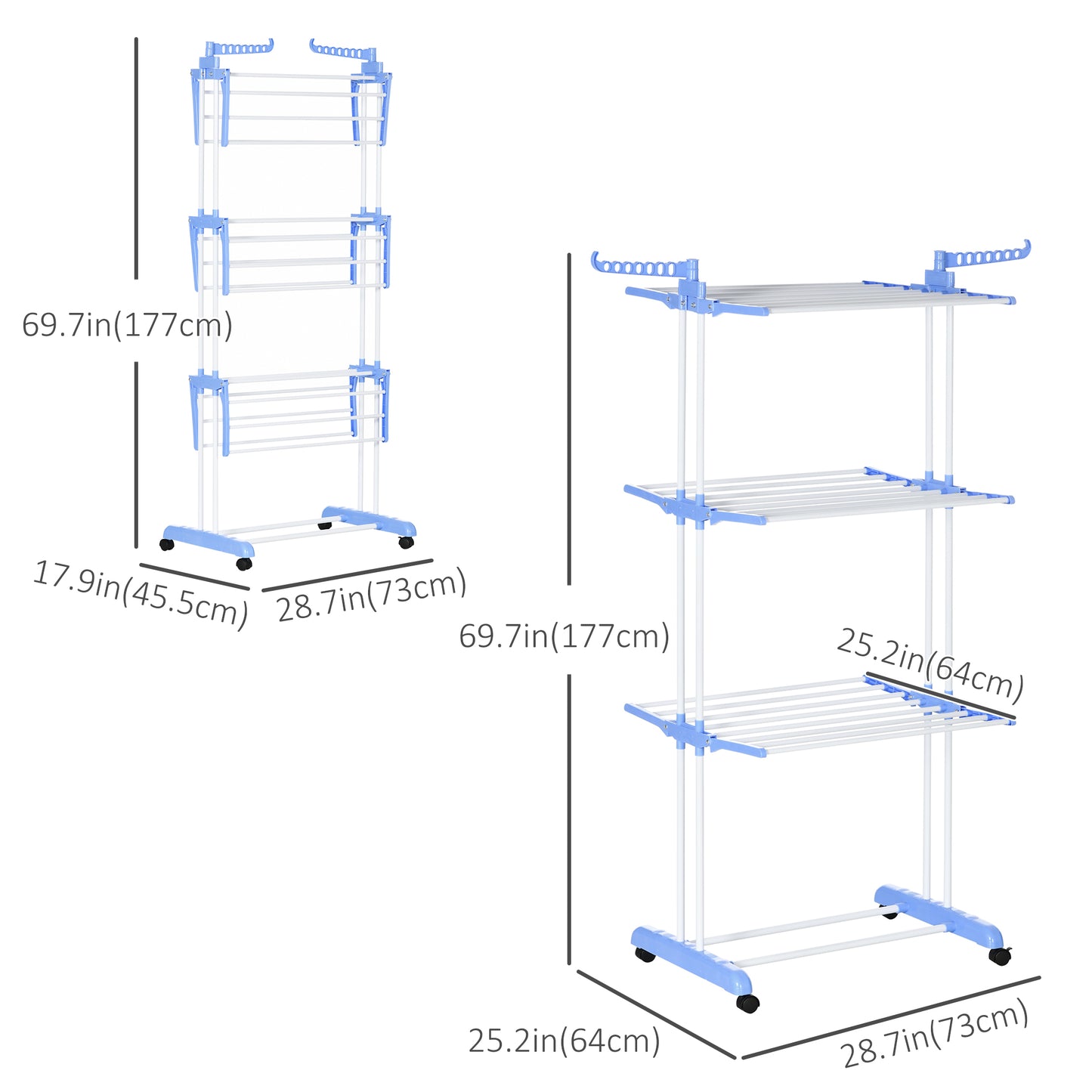 HOMCOM Foldable Clothes Drying Rack, 4-Tier Steel Laundry Rack for Drying Clothes with 2 Side Wings and 4 Castors, Indoor and Outdoor Use, Black