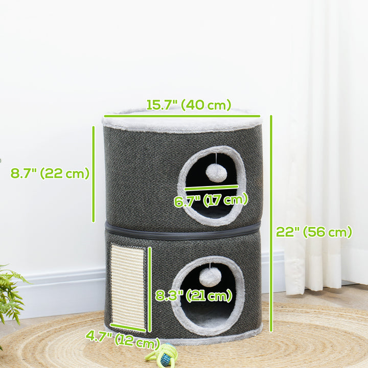 PawHut 2-Story Cat Condo Barrel Tree with Top Perch, 2 Hideaways, Scratching Board, Removable Cushions, Toy Balls, Dark Grey