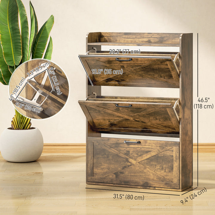HOMCOM Narrow Shoe Storage Cabinet Farmhouse Shoe Cabinet with 3 Flip Drawers Adjustable Shelves for Entryway White Oak