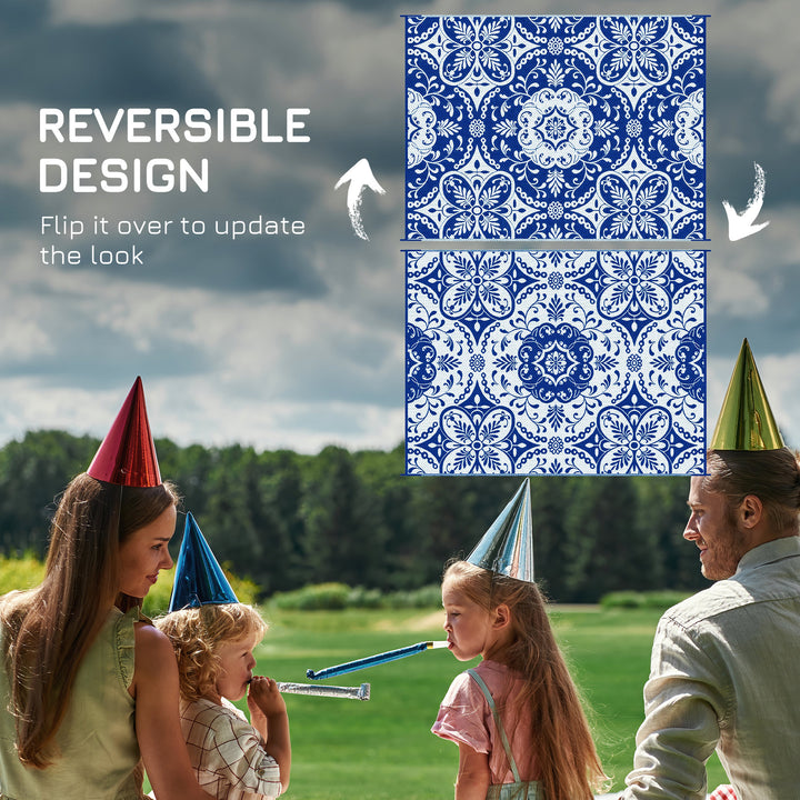 Outsunny Portable Outdoor Rug with Carry Bag, 9' x 12' Reversible Mat, Waterproof Plastic Straw RV Rug for Backyard, Deck, Picnic, Beach, Camping, Blue & White Flower