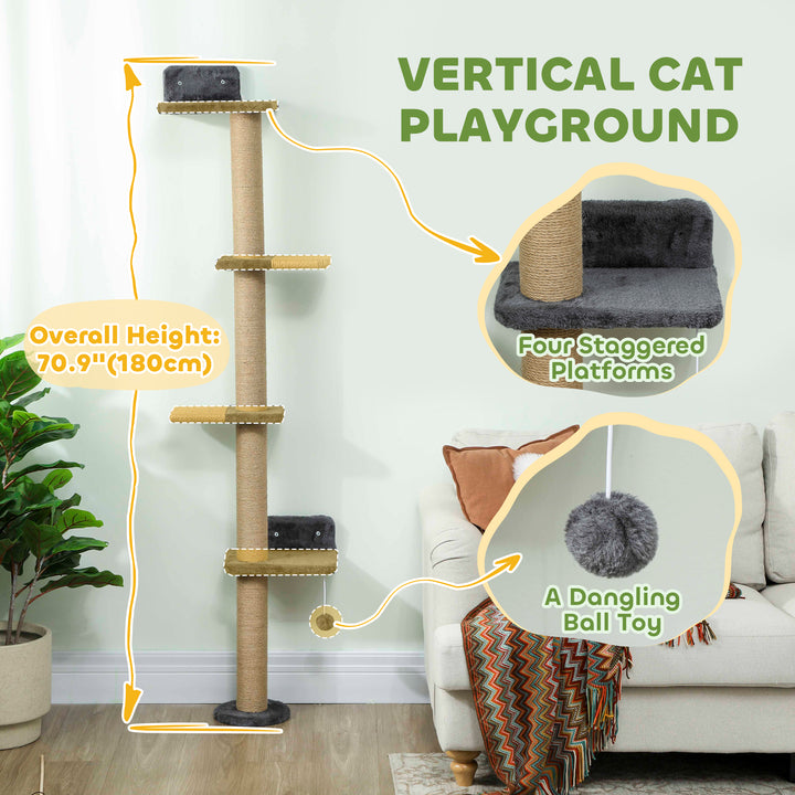 PawHut Cat Wall Shelves, Cat Wall Furniture with 4 Platforms, Jute Scratching Post for Indoor Playing, Climbing, Dark Grey